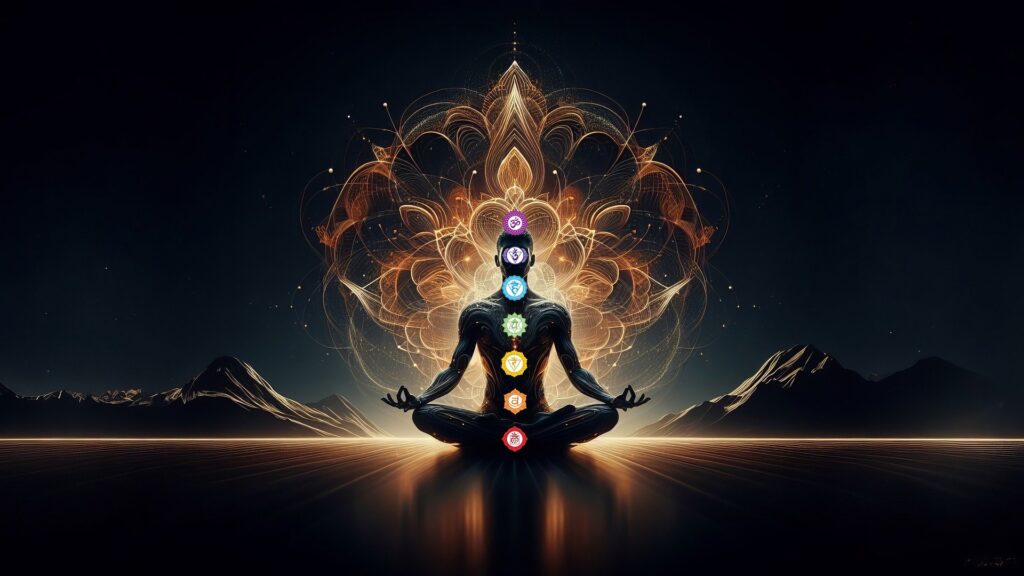 drawing of human body meditating with the seven chakras, the one above is the crown chakra