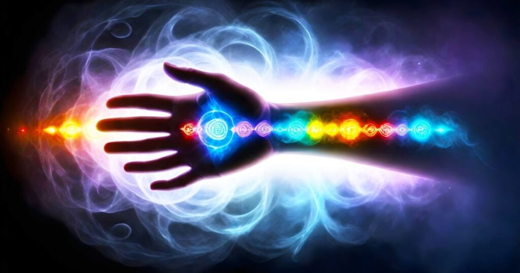 drawing of an arm with the chakras and aura, the beginning of the energy body work 