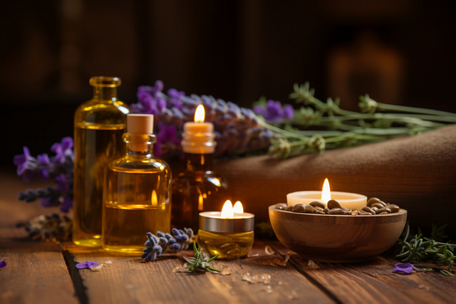 Candle, glass jars and lavender